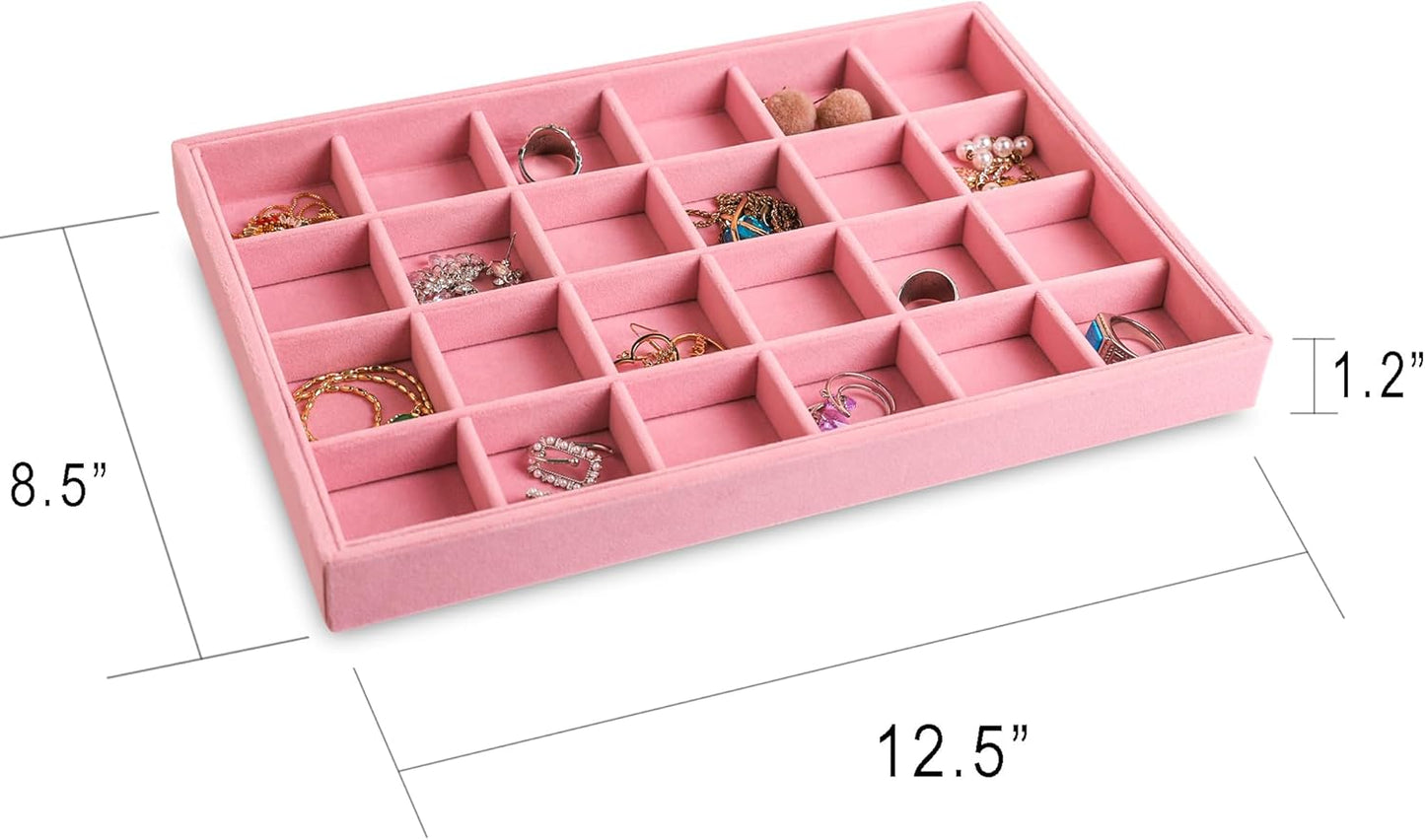 Frebeauty Stackable Velvet Jewelry Organizer Trays for Drawers Inserts Jewelry Storage Tray Display Case, Stud Earrings Bracelets Necklace Rings Accessories Trays for Women(Set of 2)(Pink)