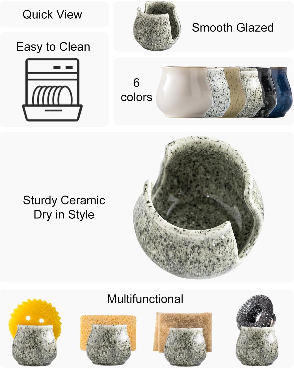 Ceramic Sponge Holder, Kitchen Sponge Holder Sink Caddy Organizer Dish Rack for Kitchen Sink Suction, Bathroom, Brush, Special Gray
