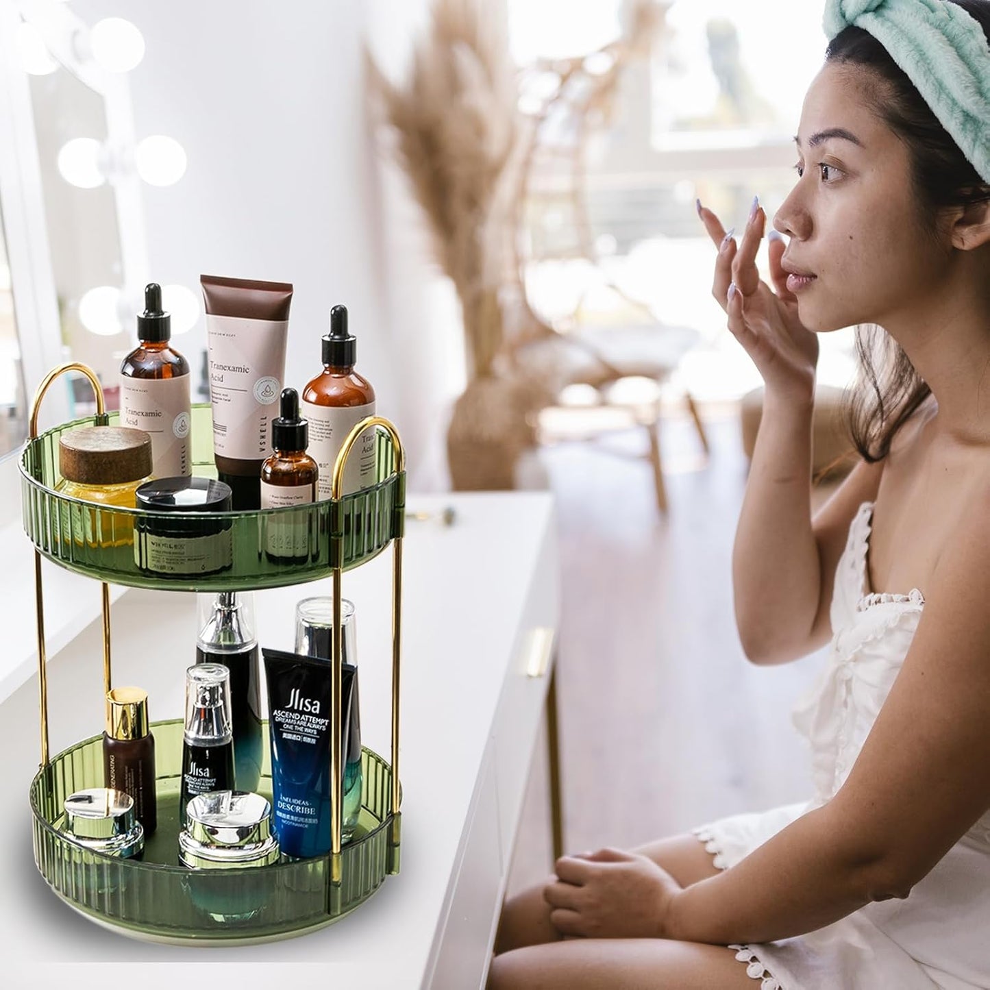Rotating Makeup Organizer Countertop 2 Tier Lazy Susan Trays Clear Skincare Perfume Storage for Bathroom Counter Vanity, Green Gold