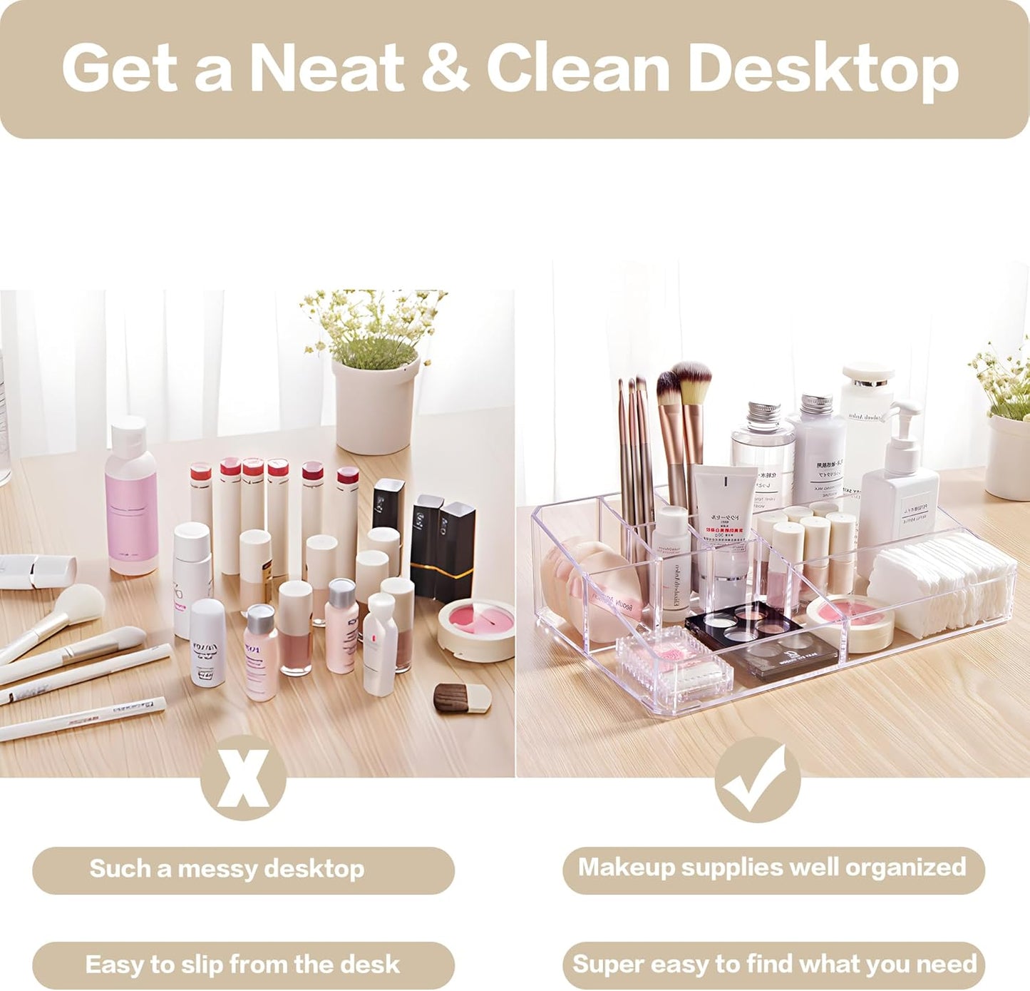 Clear Makeup Organizer, Makeup Brushes Storage Case, Cosmetic Display Case Tray, Tiered Skincare Organizer, Acrylic Lipstick Holder Countertop Desk Brush Organizer for Bedroom Vanity