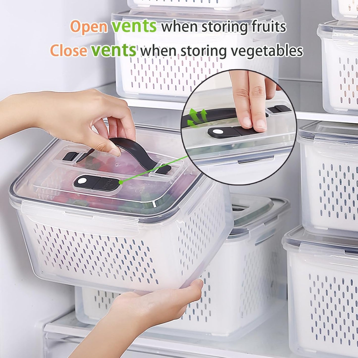 Fruit Storage Containers for Fridge - 5 Size Berry Containers for Fridge Keep Fresh with Colanders and Vent Handle Lids, Clear Vegetable Storage Containers for Refrigerator, Lettuce Keeper