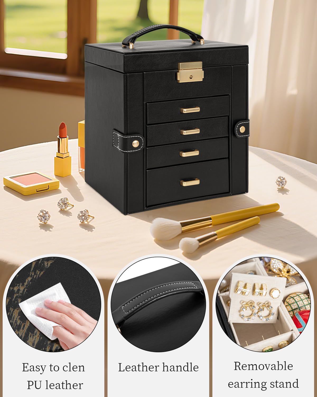 TORIBIO Jewelry Box for Women, Leather Jewelry Organizer with Mirror & Lock, 5-Tier Jewelry Storage Organizer with 4 Drawers for Girls/Women/Mothers, Necklace Earring Bracelets Holder Organizer