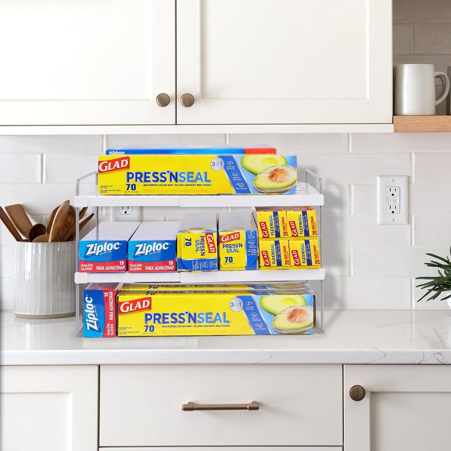 Pantry Organizers and Storage,3 Tiers Expandable Foil and Plastic Wrap Organizer, Adjustable Kitchen Cabinet Shelf Organizer, Shelves Storage Rack for Cabinet Countertop (9.8" To 15.6"L) 2PCS