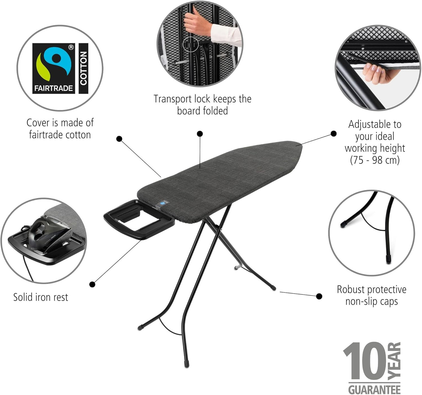 Brabantia - Ironing Board C - Flexible Steam Iron Rest - Adjustable in Height - Non-Slip Rubber Feet - Cover and Pad - Solid Foldable Unit - Denim Black - 49x18 Inches