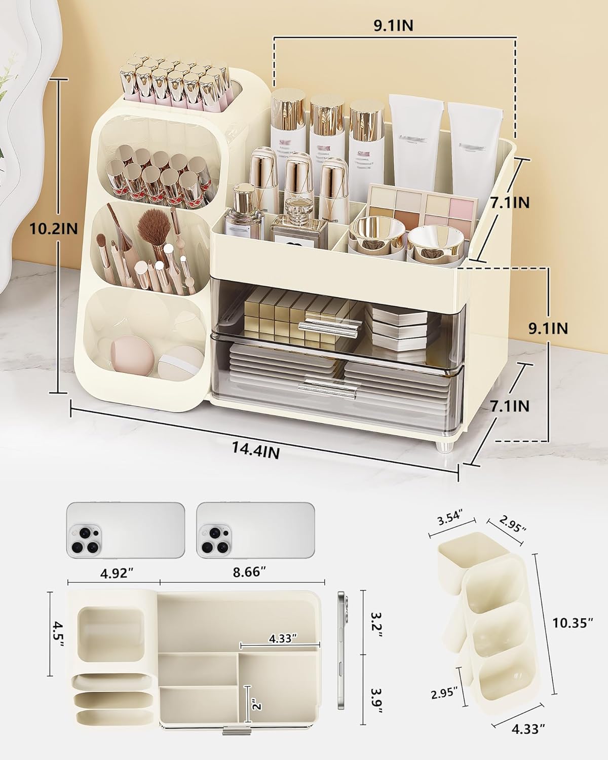 Makeup Organizer with Drawers, Skincare Organizer (Large Size Thick), Storage Box Cosmetic Display Cases, Make up Organizers for Vanity, Dresser, Desk, Kitchen, Countertop (cream)