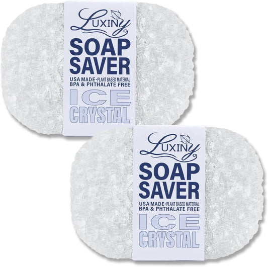 Soap Savers for Bar Soap & Shampoo Bar Holder, American Made by Luxiny, Lifts Soap in Soap Dishes & Shower Soap Holders –Bars & Soap Lasts Longer- Made from Plant Materials (Ice Crystal 2 Pack)