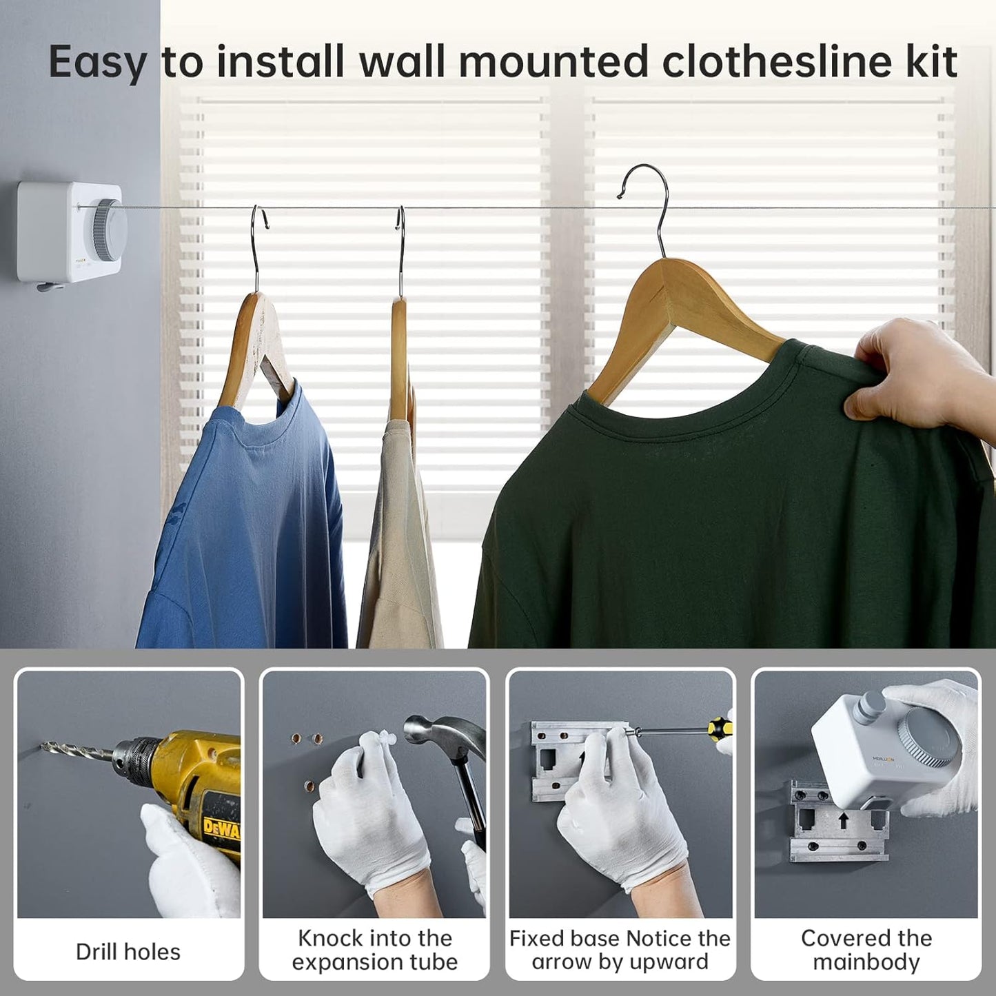 Mbillion Retractable Clothesline 13.8Ft Heavy Duty Clothes Drying Laundry Line for Indoor Outdoor Retracting Hanging Clothing Drying with Retract Rotating Knob to Prevent Sagging