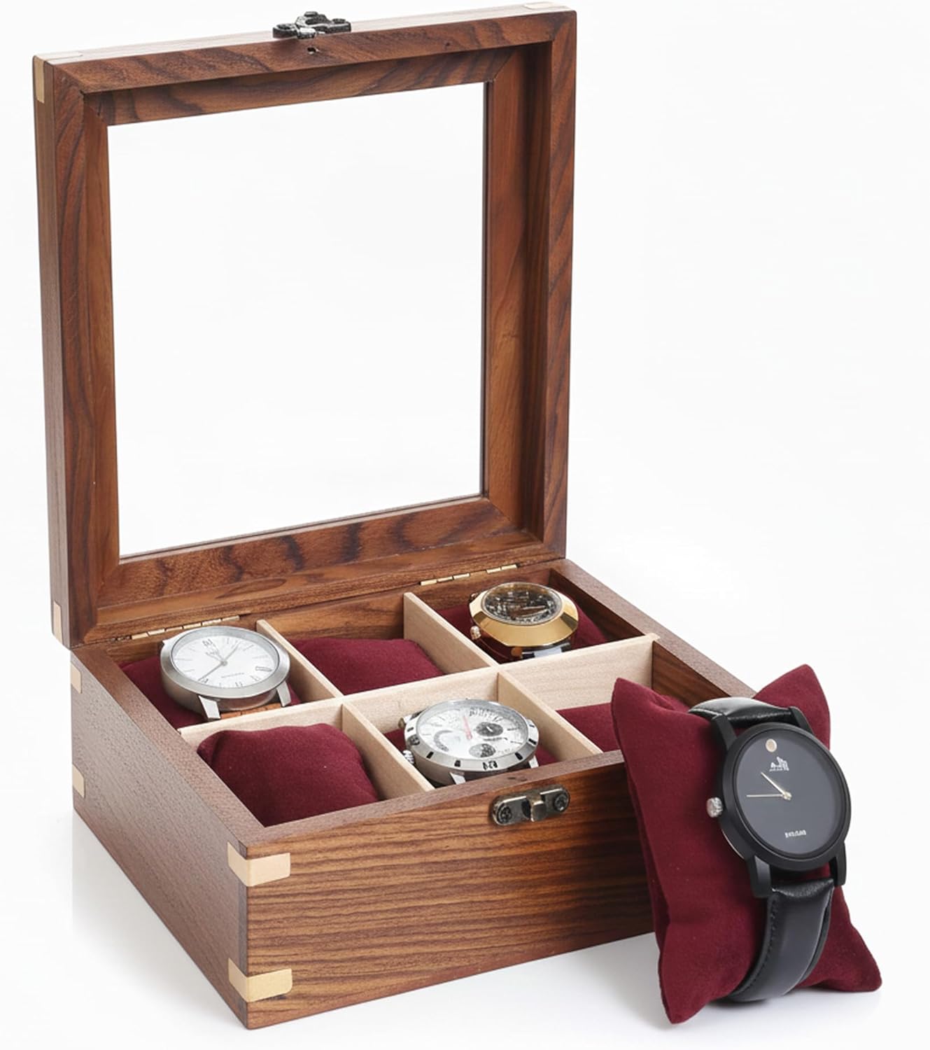 Wooden Watch Box for Men & Women, Watch Organizer & Display Case, Premium Long-Lasting Watch Holder for Storage, Elegant Gift for Watch Collectors (Glass Top, 6 Slots)