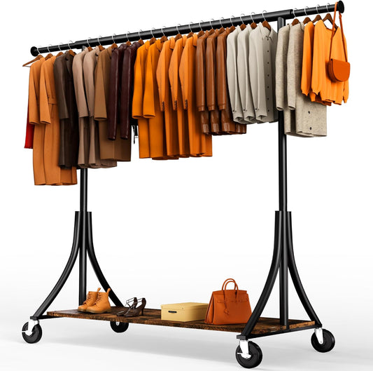 HOKEEPER Clothes Rack with Wood Shelves Height Adjustable Clothing Rack with Lockable Wheels 500LBS Portable Wooden Garment Closet for Bedroom, Living Room, Laundry, Balcony, Black