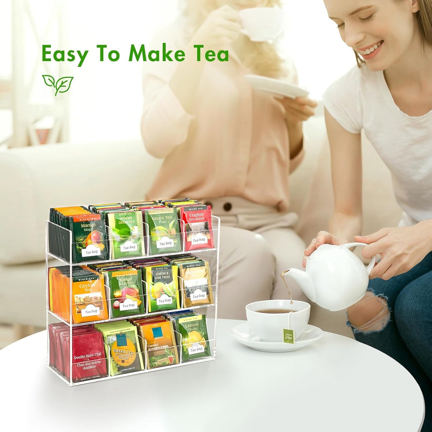 BEYGORM Acrylic Tea Bag Organizer for 216 Tea Packets, No Assembly Required, Display Holder for Countertop, Vertical Tea Bag Caddy for Cabinet, Tea bar Accessories, Teabags Storage Containers