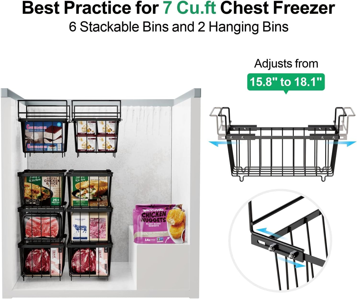 iSPECLE Freezer Organizer Bins - Fit 7 Cu.Ft Chest Freezer, Expand from 15.8" to 18.1" (L) Deep Freezer Organizer Bins, 2 Pack Small Hanging Freezer Baskets for Chest Freezer, Black