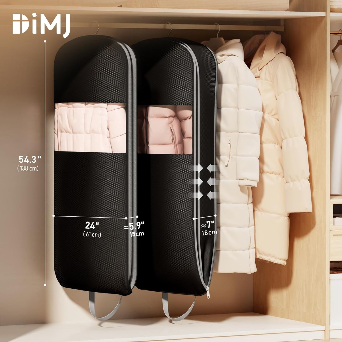 DIMJ 3 Pack 43" Garment Bags for Hanging Clothes - Space Saving Compression Suit Bag Travel with Handles Window, Washable Carry Clothing Storage Cover for Dress, Coats, Down Jacket, Shirts