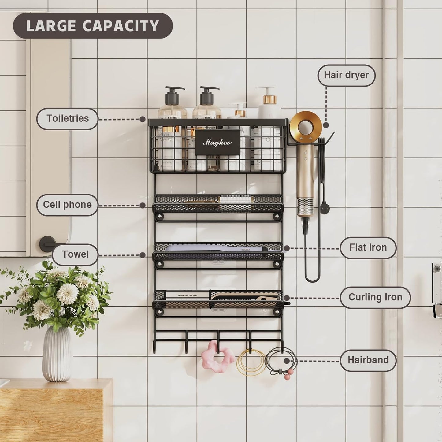 Hair Dryer Holder Wall Mounted, Adheisve Hair Styling Tool Organizer for hair Brush/Appliance Wall Mount with 5 Tier Shelf Basket Hooks Blow Dryer and Straightener Holder for Bathroom(Black)