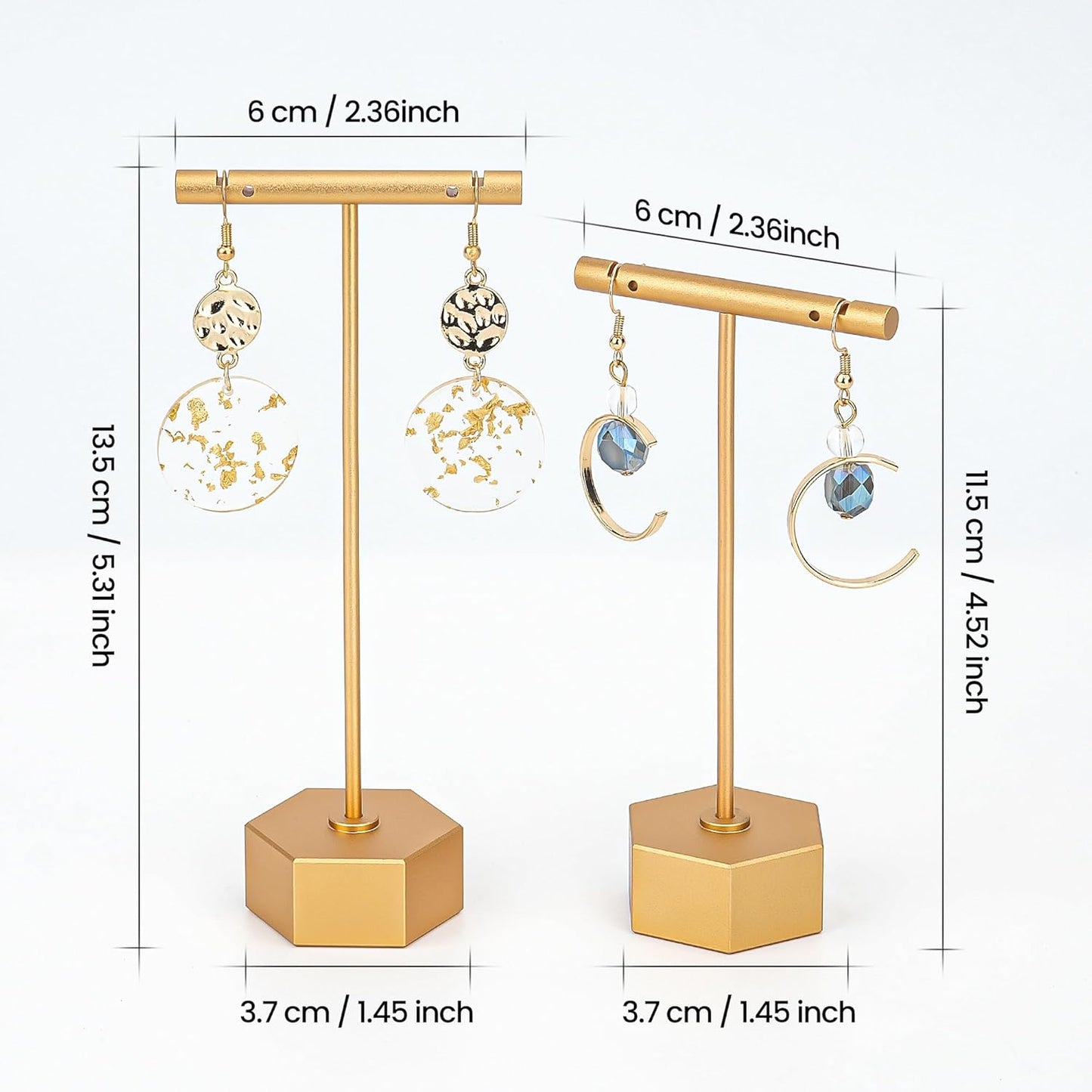 Metal Earring Stand Display Hexagon Base Earring T Bar Display Necklace Bracelet Ring Ear Studs Jewelry Display Rack for Vendors Photography and Showcase, Gold 2pcs Height 5.31" and 4.52"