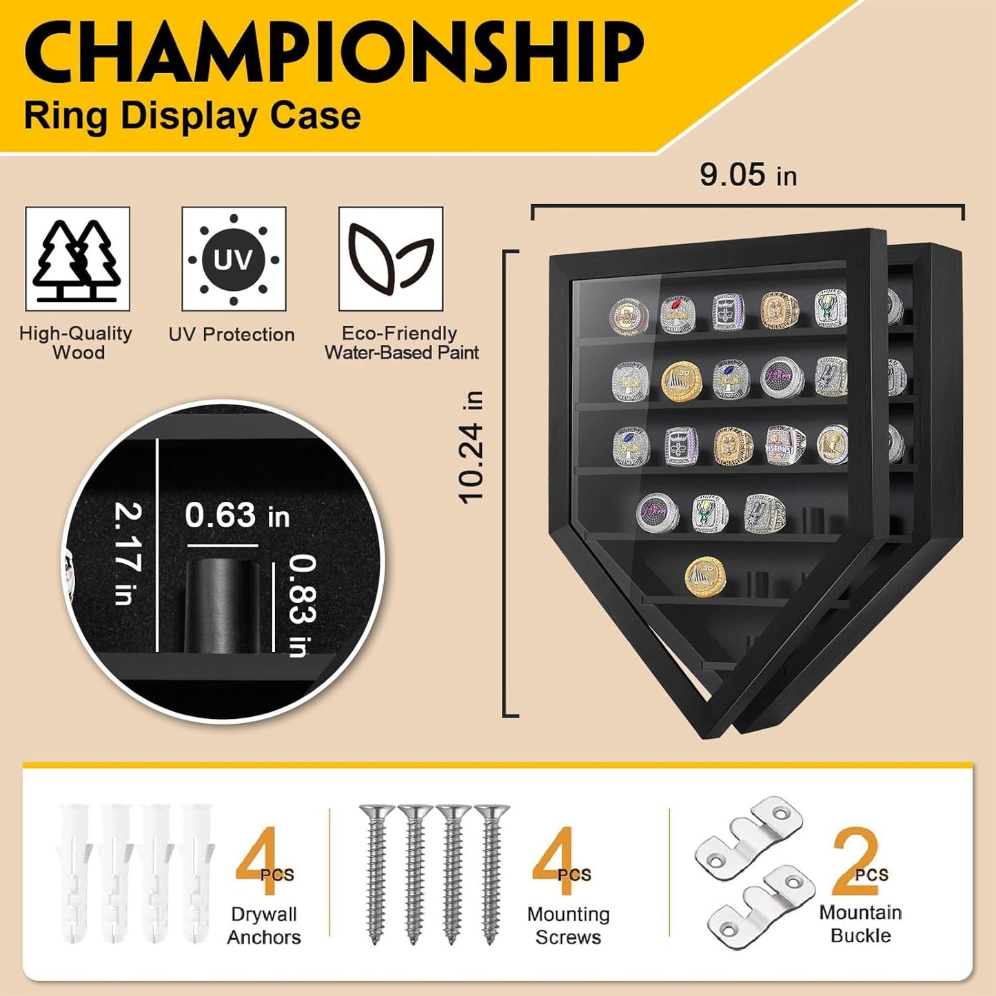 Championship Ring Display Case, 27 Ring Posts Sports Ring Display Case Wooden Shadow Box for Baseball Basketball Football Softball Award Rings Fan Souvenirs