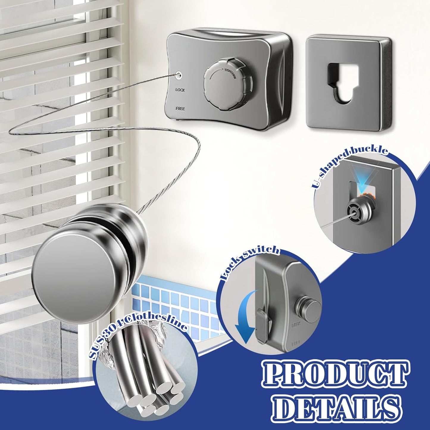 Retractable Clothesline Indoor, Non-Sagging Outdoor Clothes Line Retracting, 16.7 Ft Heavy Duty Clothes Drying Laundry Line, Wall Mounted Stainless Steel Clothesline for Balconies, Bathroom (White)