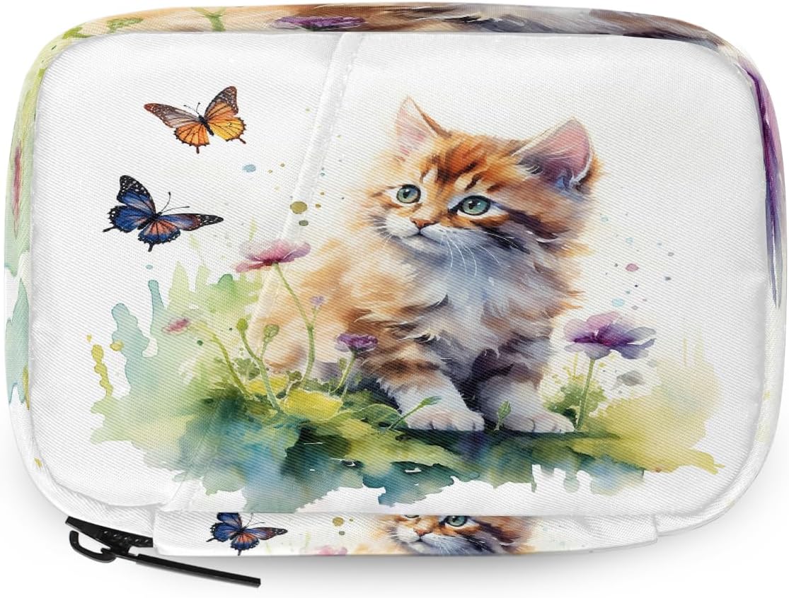 Watercolor Cute Cat Butterfly Pill Organizer Travel Medicine Case with Zipper Daily Vitamin Storage Bag Portable 8 Slot Weekly Pill Box Supplement Holder for Home Office Gym Travel