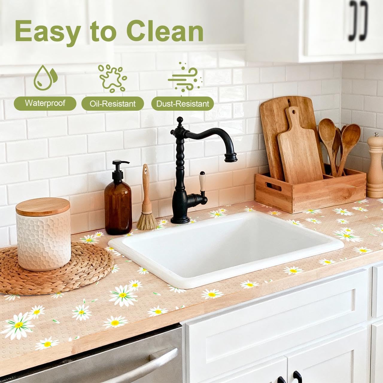 FEXIA Shelf Liner 17.5 Inch x 20 FT Daisy Non Slip Waterproof Cabinet and Drawer Liner for Kitchen Cabinet Refrigerator Pantry Closet Durable Non Adhesive