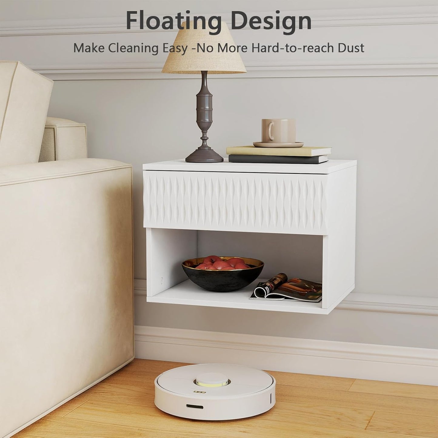 Vibe & Dine Floating Nightstand Set of 2, Wall Mounted Night Stand with Spiral Pattern Design, Modern Bedside Tables with Drawers for Bedroom, Easy Assembly, White