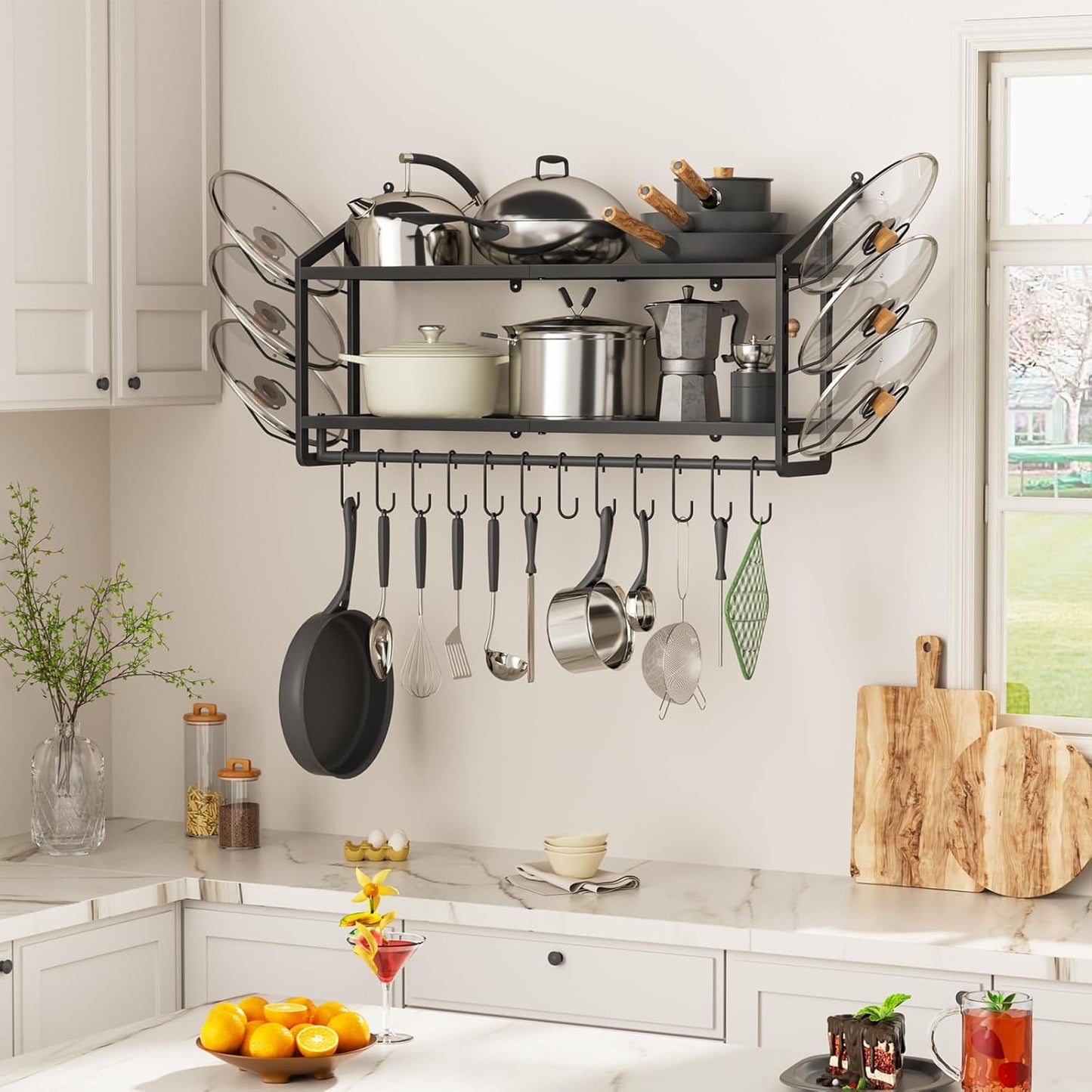 VOPEAK 30" Pot Rack Wall Mounted with 6 Detachable Pot Lid Holders,12 Adjustable S Hooks for Hanging Pans,2 Tier Black Heavy Duty Metal Shelves for pots and pans Organizer,200lbs Capcity,Space Saving