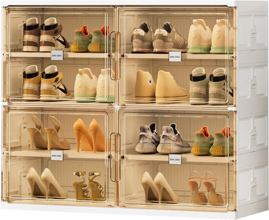 JEKO&JEKO 4 Tiers Foldable Shoe Rack Organizer Cabinet for Closet Entryway, Large Collapsible Shoe Storage Box with Magnetic Doors Fits Up to 16 Pairs (White)