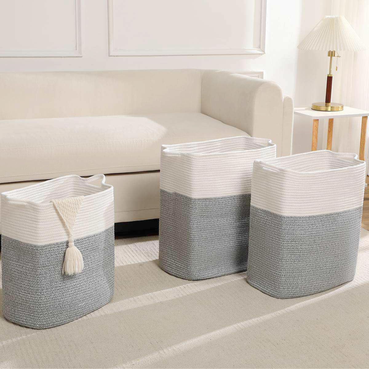 Tall Laundry Basket With Handles,Woven Cotton Rope Big Laundry Hamper Sorters,Versatile Storage for Dirty Clothes,Baby Toys,and Blankets in Bathroom, Nursery,and Living Room (Silver Gray, 68L)