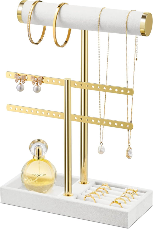 2 Tier Bracelet Holder Display - Detachable T Bar White Velvet Bracelet Holder, Jewelry Holder Organizer for Bracelet, Necklace, Earrings, Rings
