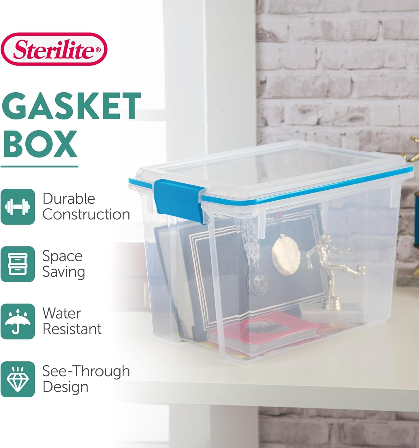 Sterilite 6-Pack Gasket Box, Weather-Resistant Storage Bins with Latching Lids, 20 Quart - Heavy-Duty Organizing Containers for Closet, Bathroom, and Office