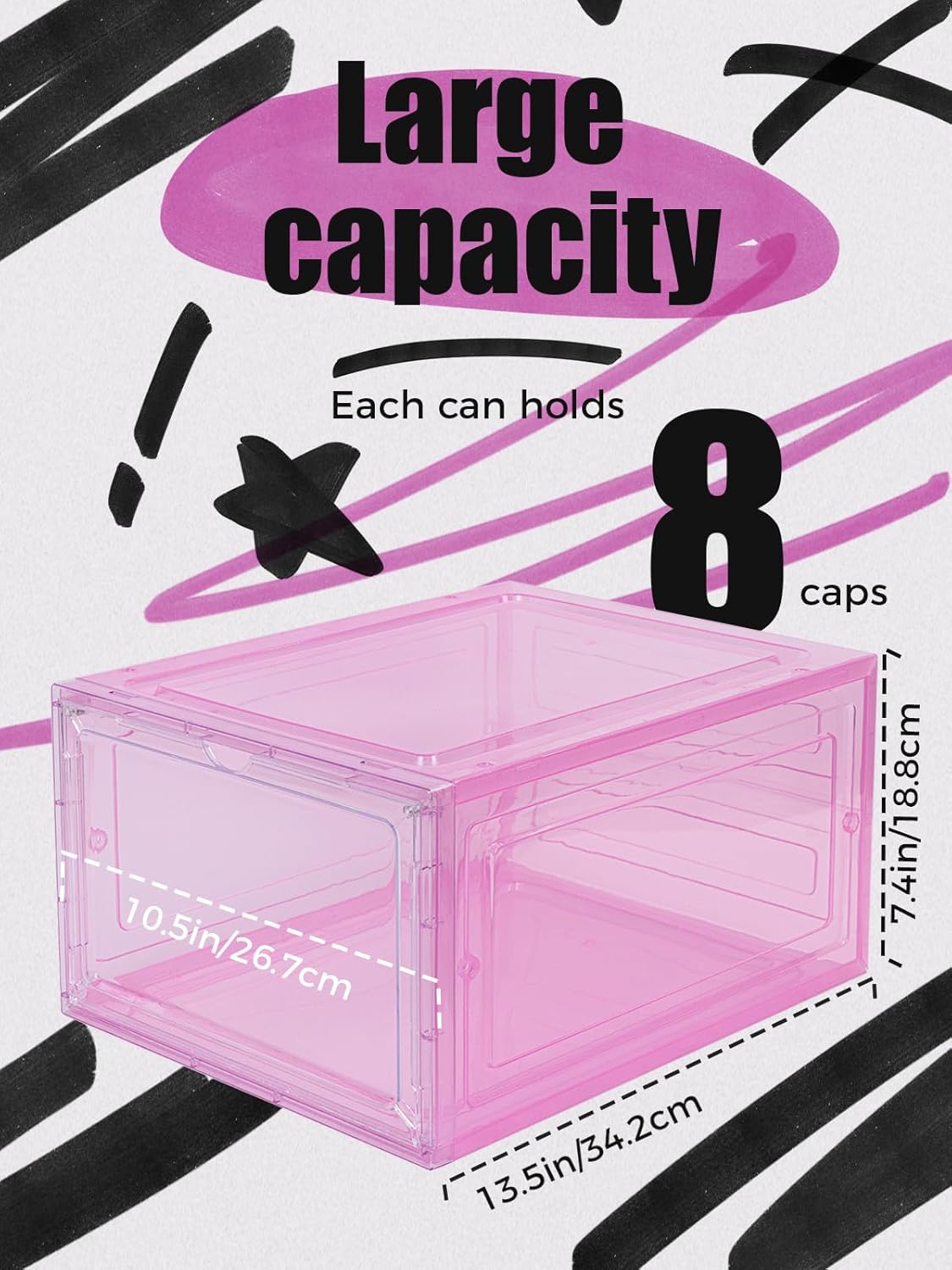 6 Pack Hat Organizer Box, Stackable Clear Baseball Caps Holder Box Containers with Magnetic Door for Hats Snapback Cap Storag, Hat Rack Display Case, Holds 8 Hats Each (Pink)