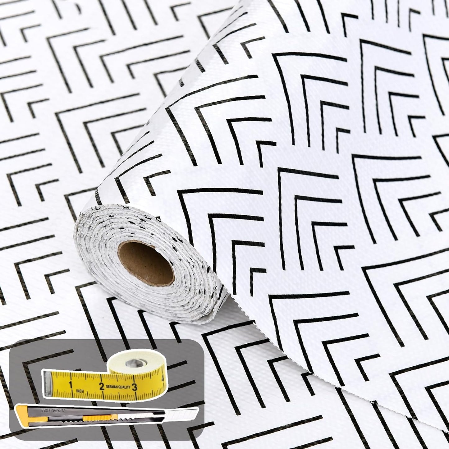 Shelf Liner for Kitchen Cabinets Non Adhesive Drawer Liner Non-Slip Thickened Shelf Liner Paper Strong Easy to Clean for Tool Box Refrigerator with Knife and Tape Measure, Black Arrow,17.3 x 236.2 in