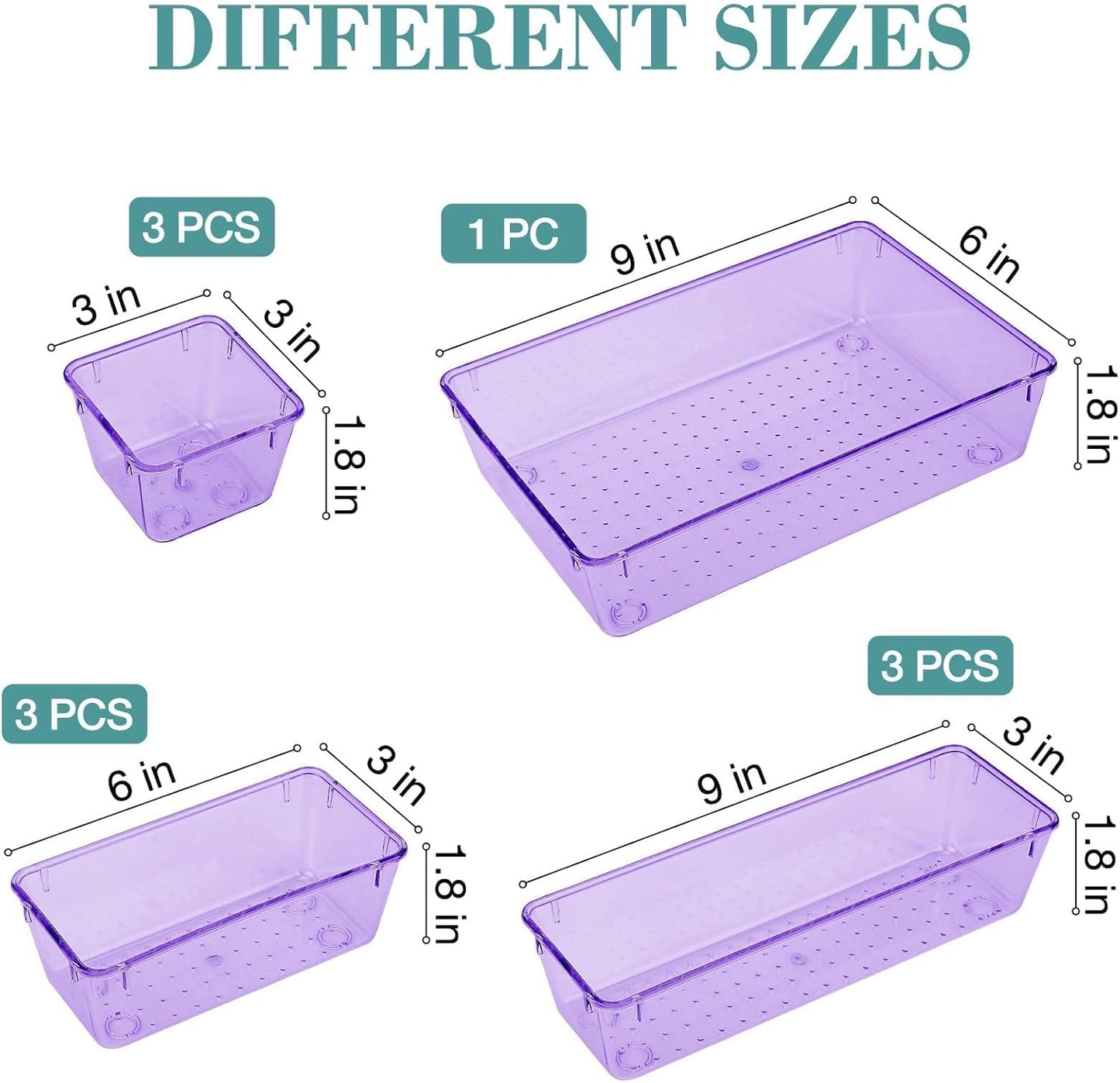 10 PCS Drawer Organizer Set, 4 Varied Size Bathroom and kitchen Drawer cabinet organizer Trays, Clear Storage Bins for Makeup, Jewelry, Utensils and Gadgets, Purple