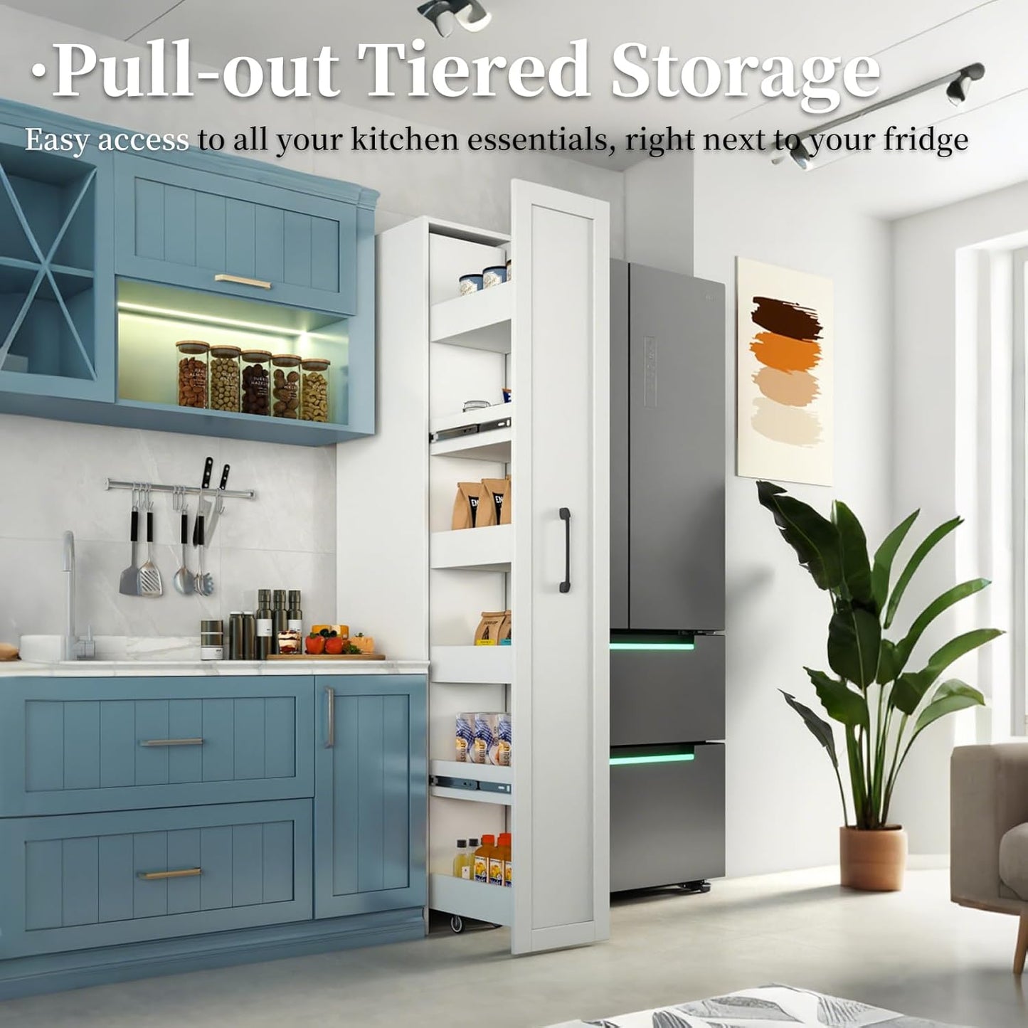 JOYSOURCE Tall Narrow Pull-Out Storage Shelf with Wheels 6-Tier Slim Rolling Storage Next to Fridge Spice Rack Shelves for Small Spaces, Kitchen, Laundry Room, Bathroom White