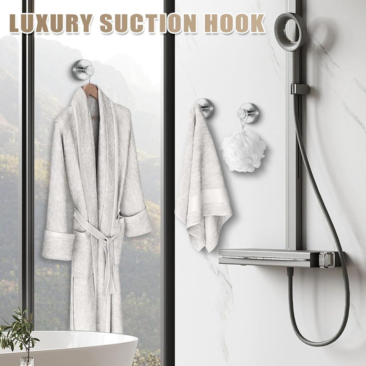 Suction Cup Hooks for Shower No-Drill Bathroom Hooks for Towels, Robes, Loofah Mountable on Bathroom Walls, Kitchen, Glass, Mirrors, Tile and Smooth,Non-Porous Surfaces (2, Brushed Nickel)