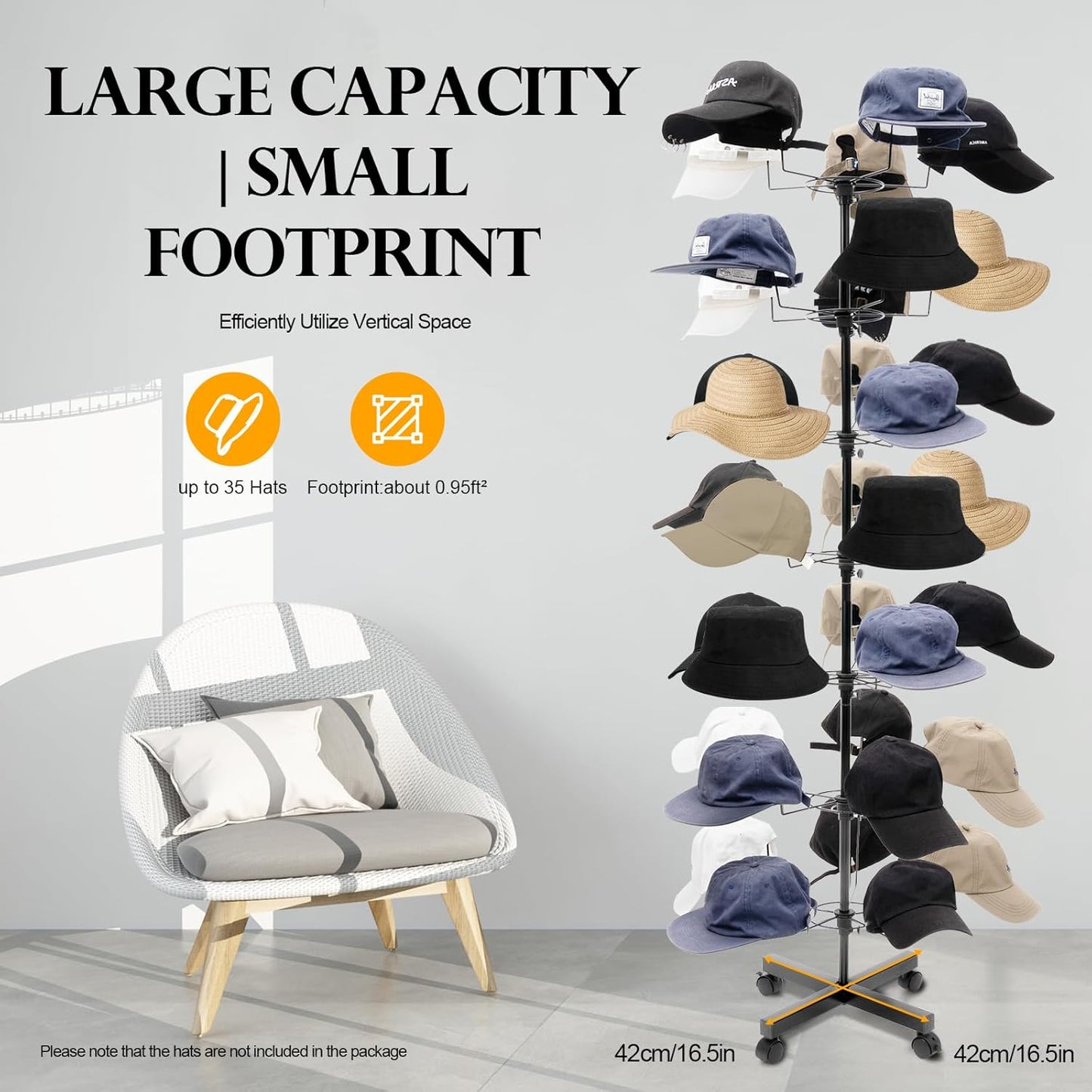 7-Tier Rotating Iron Hat Rack with Wheels & Brakes, Heavy Duty 35-Hat Organizer for Home/Store, Black Modern Free Standing Wig Display Stand, 11lbs Capacity (Black)
