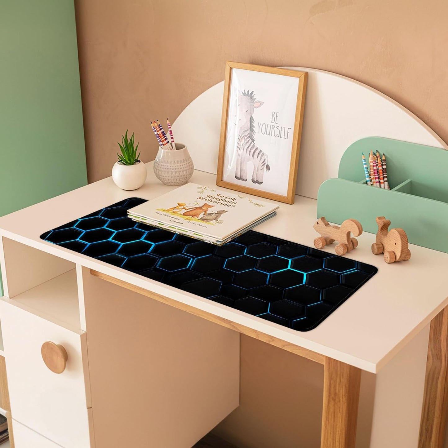 Gaming Mouse Pad – Large Extended Desk Mat 31.5 x 11.8 in– Futuristic Black Honeycomb Design with Blue Glow, Non-Slip Base, Waterproof Surface, Keyboard & Mouse Pad for Gaming or Office
