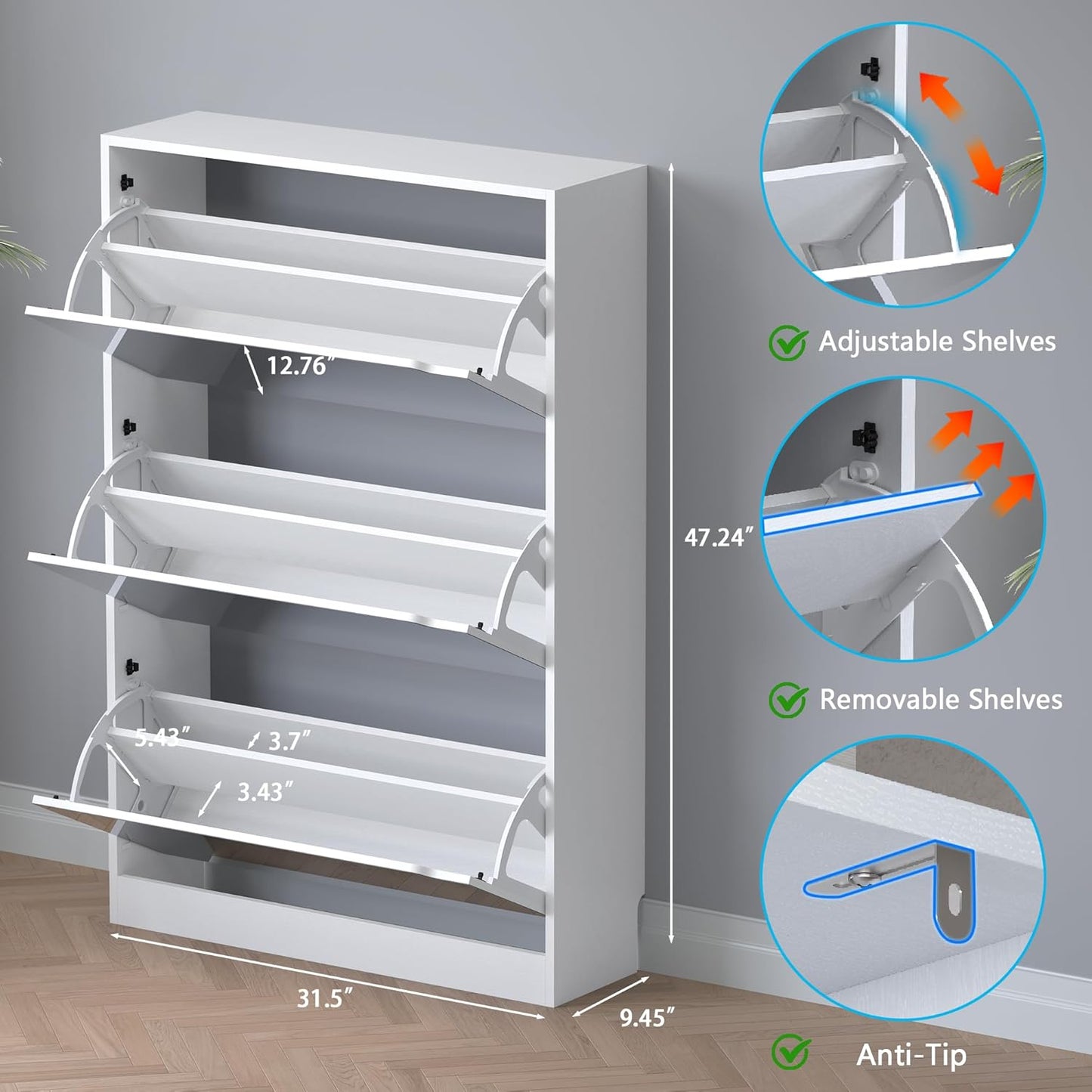 Shoe Cabinet with 3-Flip Mirror Drawers, Freestanding Shoe Rack Organizer with Hidden Handle, Slim Narrow Shoe Storage Cabinet for Entryway, Entrance, Hallway, Bedroom