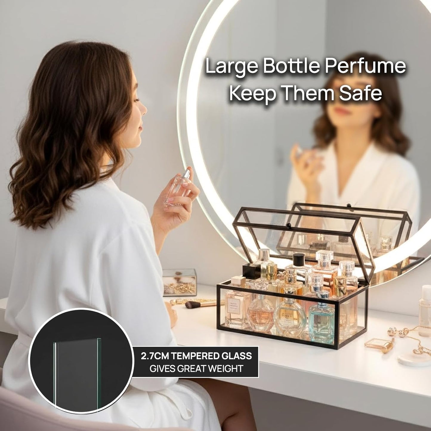 40 Lipsticks Organizer with Lid, Glass Display Box Fits Large Perfume & Skincare, Easy-Access Organiser for Vanity Countertop, Multifunctional Display Box in Any Rooms