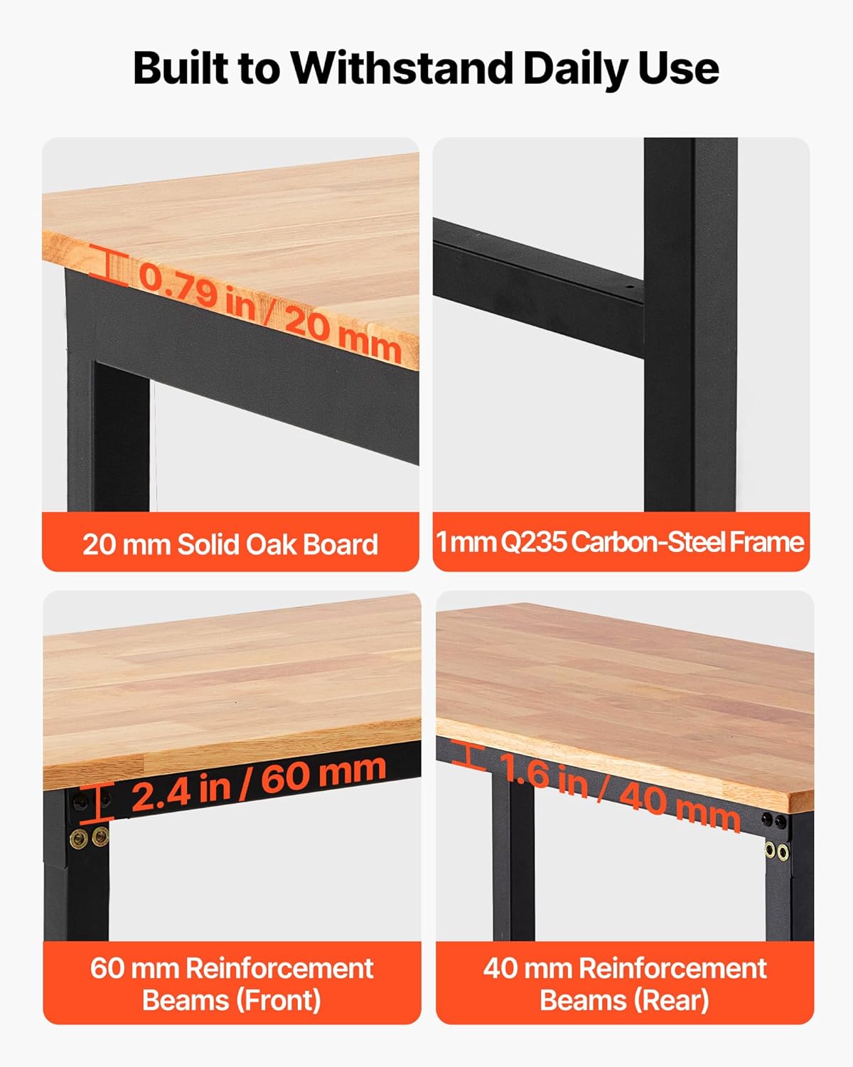 VEVOR Adjustable Workbench, 1500 lbs Capacity, 48 x 24 Inch Oak Wood Top Workbench with 26.3-40.2 Inch Height Adjustment, Heavy-Duty Hardwood Worktable for Garage, Workshop, Home, Office, Commercial