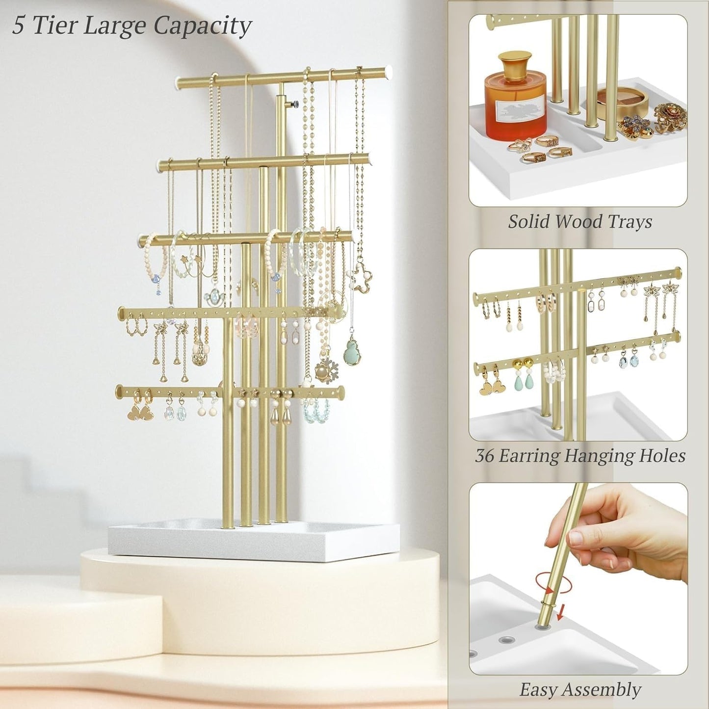 Love-KANKEI Jewelry Organizer Stand,5 Tier Large Necklace Holder with Wood Base,Jewelry holder stand Tree for Display,Bracelets Earrings Rings,Height Adjustable Gift White and Gold