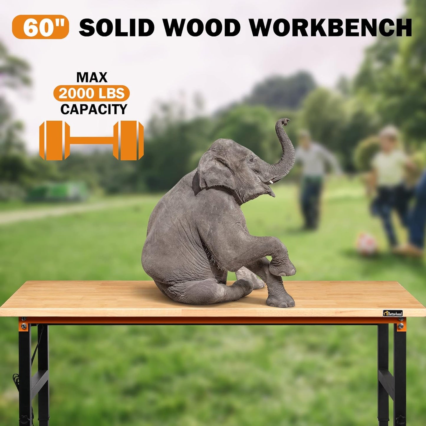 Betterhood Adjustable Height Workbench, 60" Rubber Wood Top Heavy Duty Workstation with Power Outlets, 2000 LBS Load Capacity Hardwood Worktable for Workshop, Garage, Office, Home, Commercial
