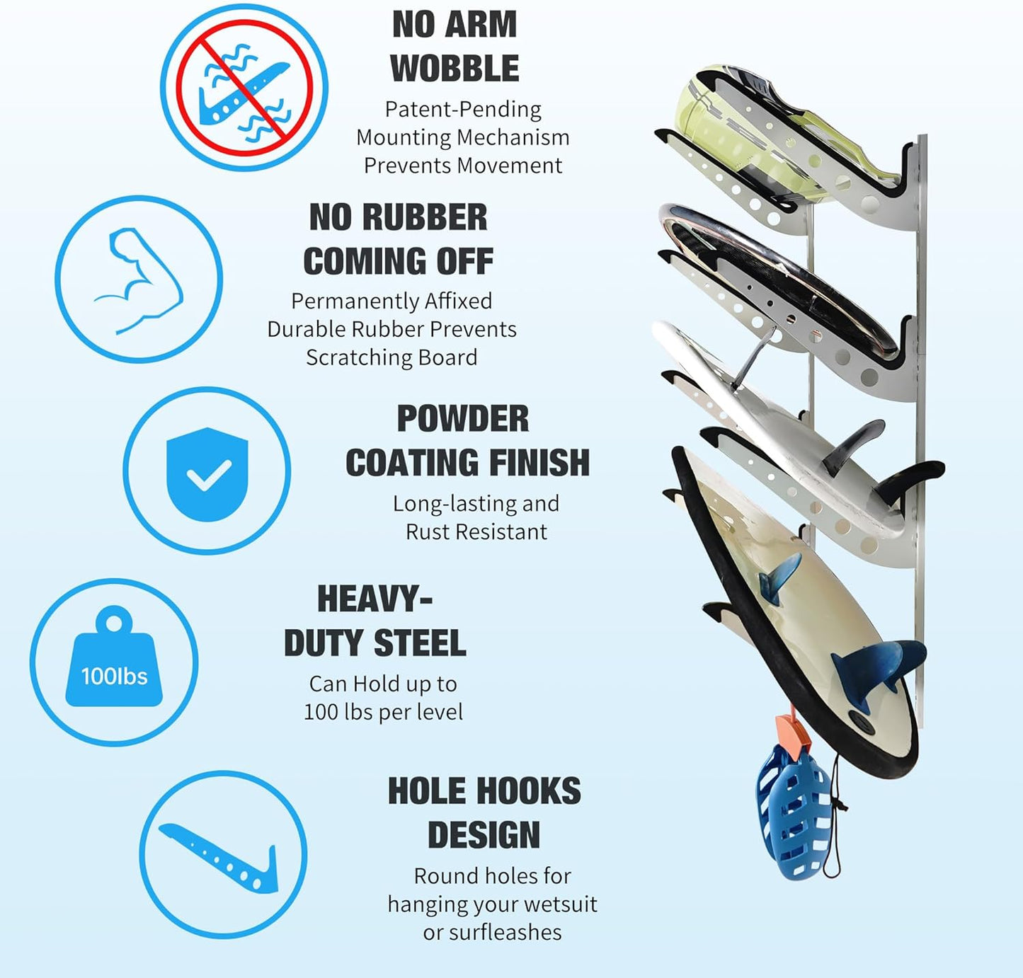 4 Board Surf Rack Wall Mount for Surfboard, Wakeboard, Snowboard Storage Adjustable Wall Hangers Boards Display White