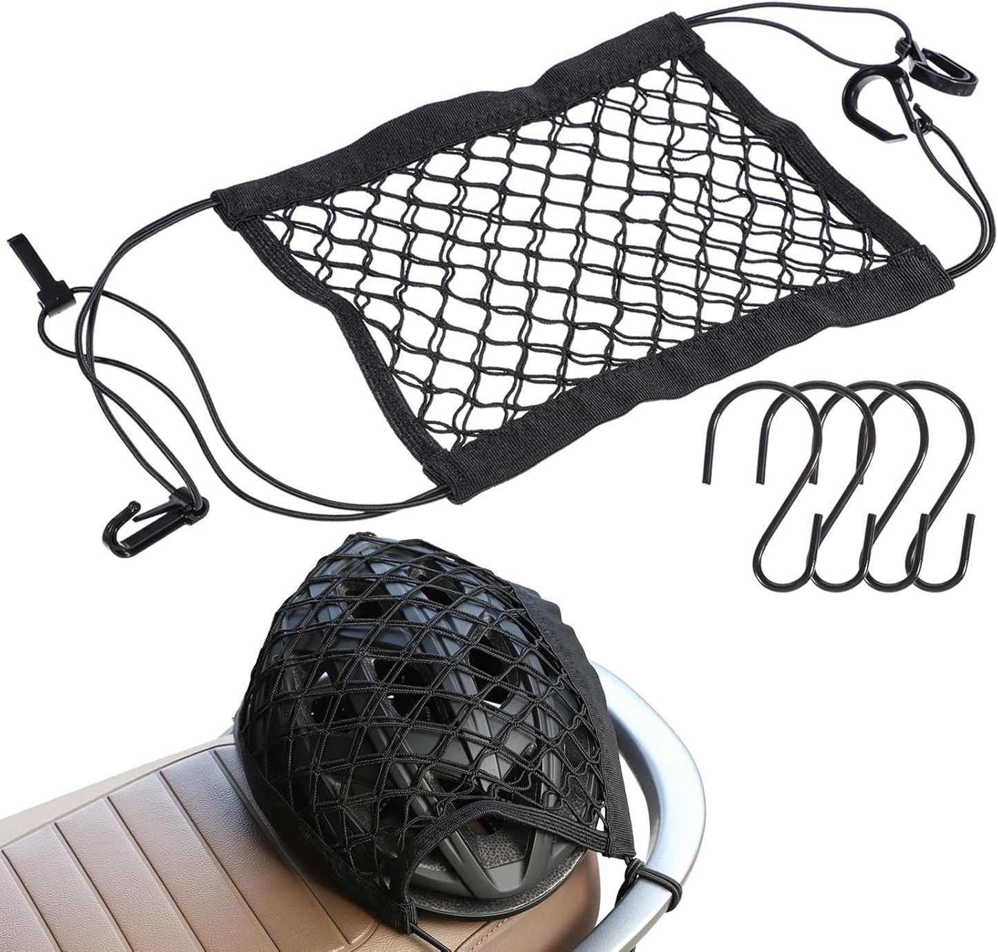 Easy Installed Motorcycle Helmet Storage, 10"X11" Upgrade Cargo Net, High Elastic Double Layer Bungee Net, Thicken Luggage Rack Expansion Organizer with 4 Metal Hooks for Motorbike Trike Cycle