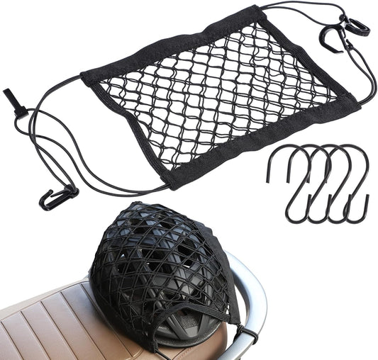 Easy Installed Motorcycle Helmet Storage, 10"X11" Upgrade Cargo Net, High Elastic Double Layer Bungee Net, Thicken Luggage Rack Expansion Organizer with 4 Metal Hooks for Motorbike Trike Cycle