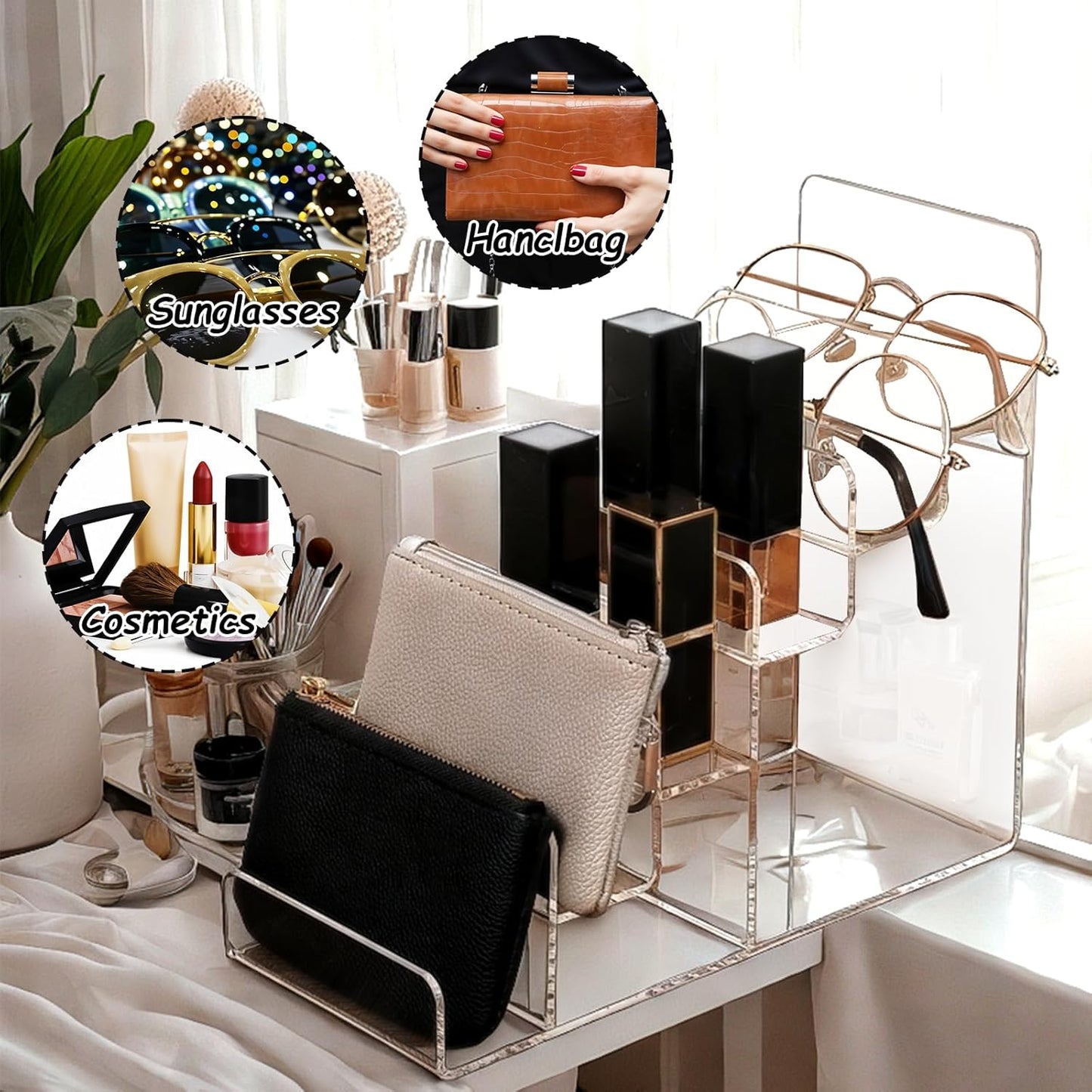 Acrylic Wallet Display Stand Purse Handbag Organizer, Clear Jewelry Riser Display Stand Purse Display Rack, Acrylic Display Shelf for Cosmetic Perfume Jewelry Sunglasses Handbag (2 PCS-6 Tier)