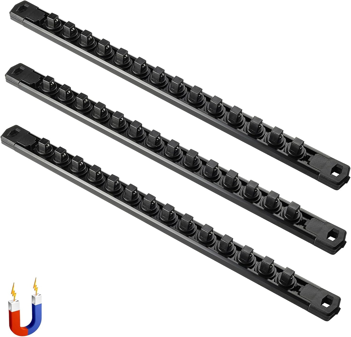 ALOANES 3-Piece Magnetic Socket Organizer, Heavy Duty Aluminum Socket Rails Organizer, 360° Swivel Clips Socket Holder Kit for Tool Box, 3/8-Inch Socket Holder x 42 Clips (Black)