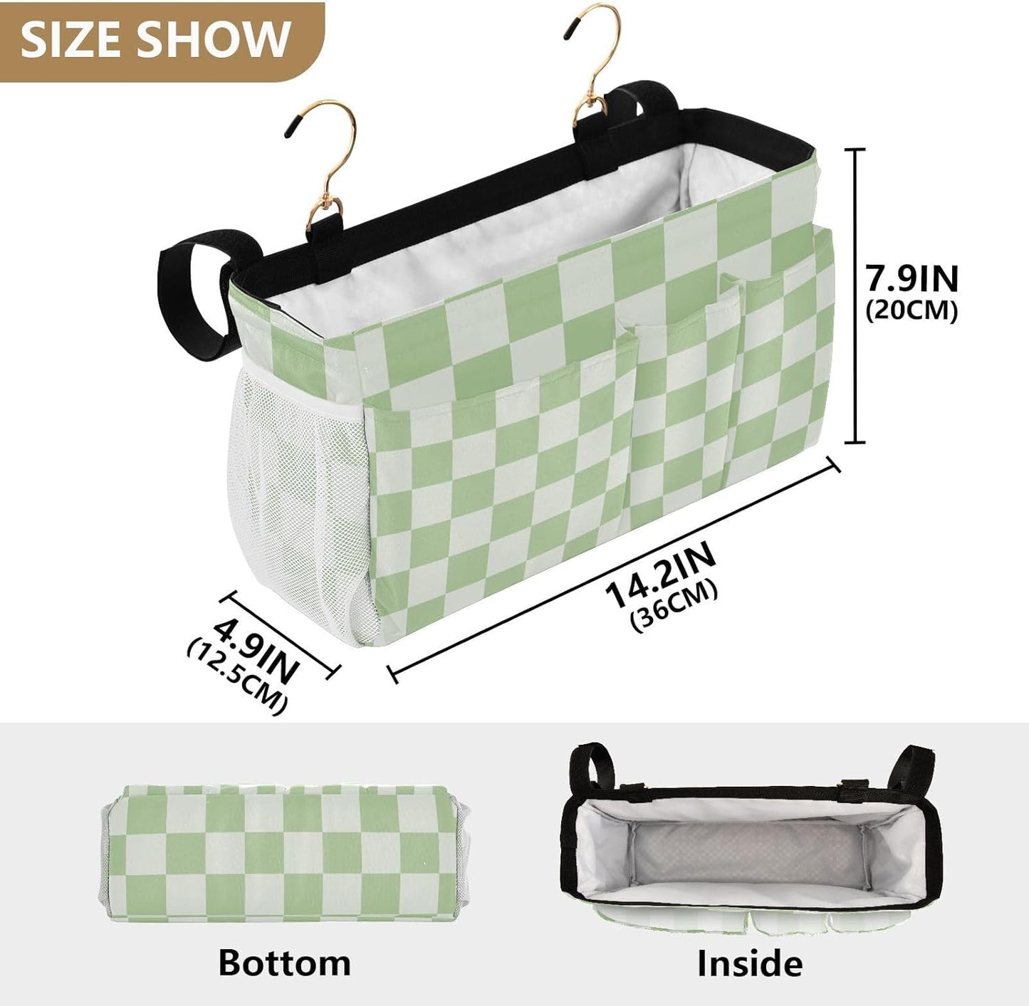 Checkered Mint Green and White Bedside Caddy for Dorm Bed Bedside Hanging Caddy Bag Iron Frame Storage Organizer Pocket for Bunk Home College Hospital Beds 2 Hooks