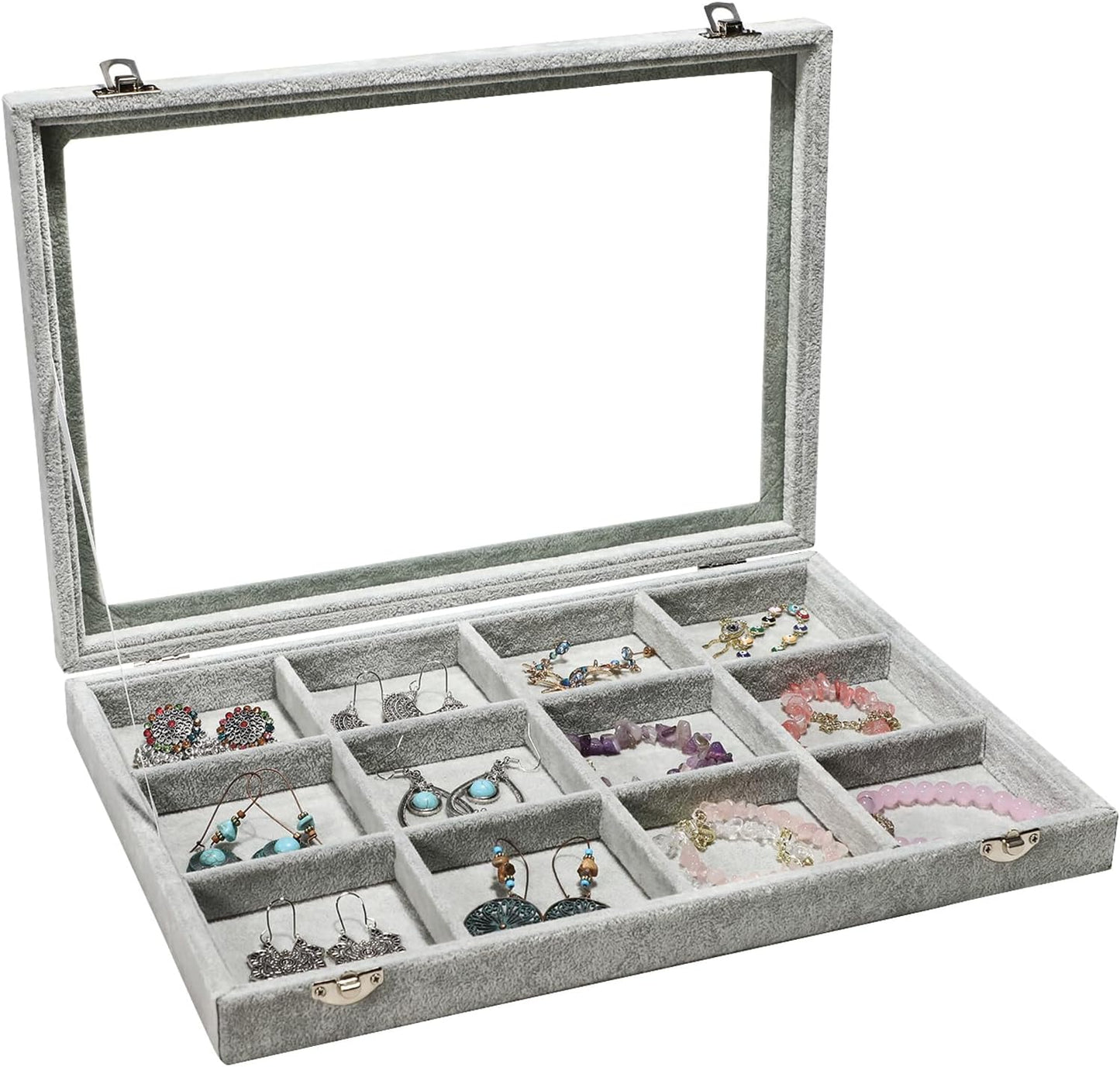 Stratalife Jewelry Holder Organizer Jewelry Organizer Box Bracelet Storage Velvet Jewelry Tray with Clear Lid Jewelry Drawer Organizer Jewelry Display Tray 12 Grid Grey