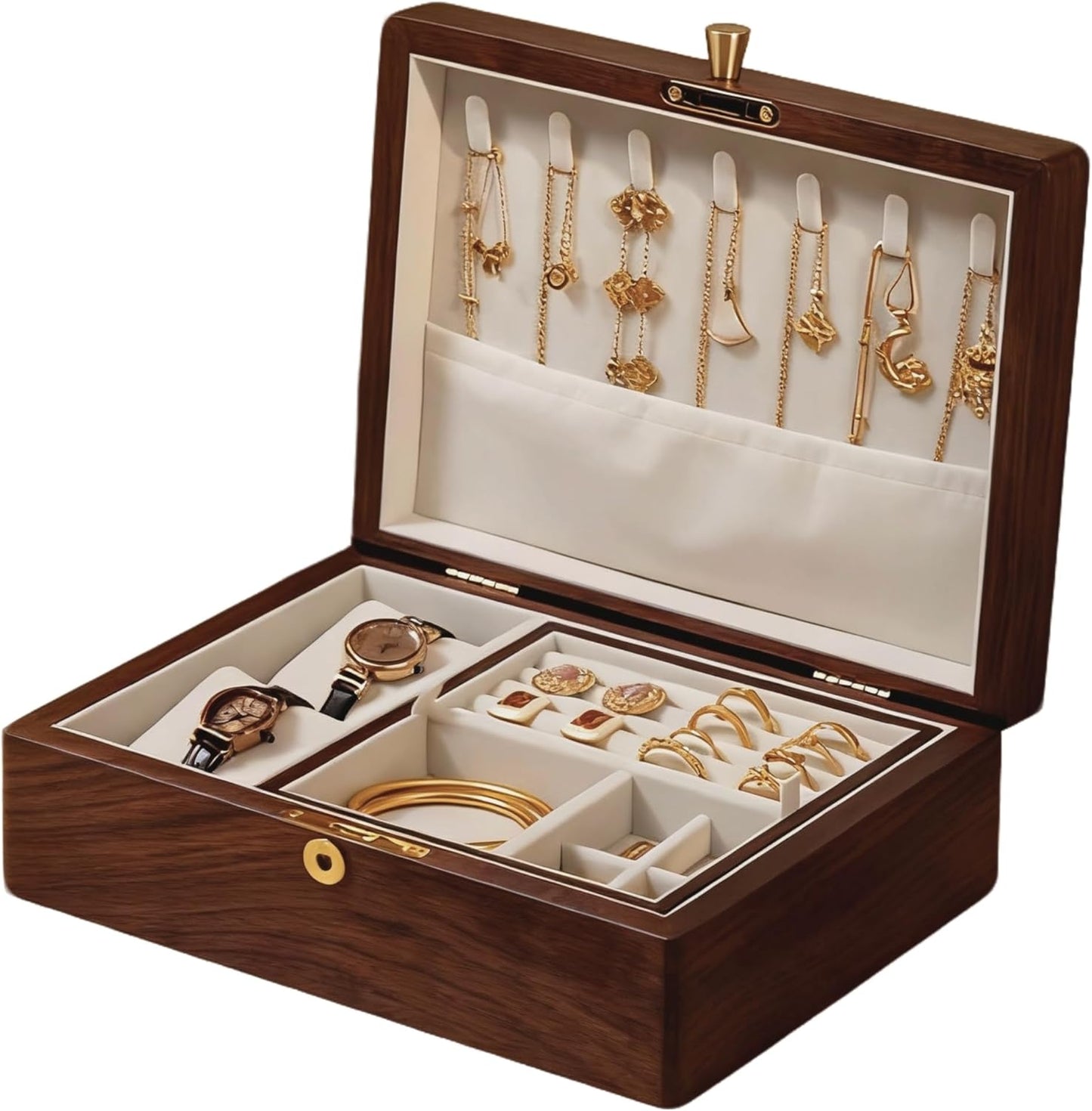 Bescott 2 Layer Solid Black Walnut Wooden Jewelry Box with Lock and Key for Women Wood Vintage Organizer for Men Earrings Rings Necklaces Bracelet Watch Storage Mother's Day Gift