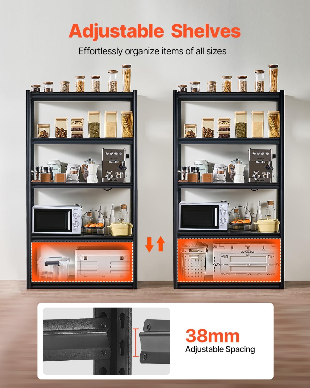 VEVOR Storage Shelves, 2000 lbs, 5 Tier Garage Storage Shelving, 18" D x 40" W x 72" H Adjustable Metal Shelves for Garage Shelves Utility Rack Shelf, Ideal for Kitchen, Warehouse, Basement, Black