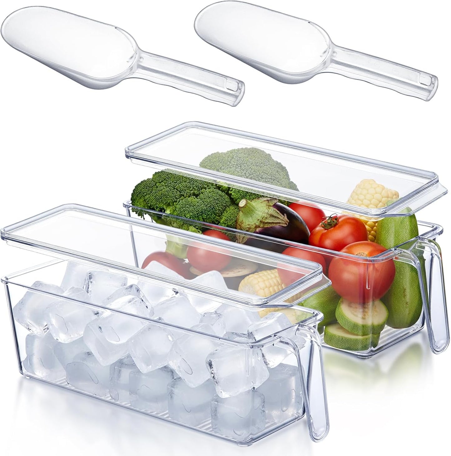 Havawish 4 Pcs Ice Storage Bin for Freezer with Lid and Flexible Scoop Set Plastic Ice Container with Lid Handle for Home Office Fridge Storage (12.4 x 3.94 x 3.94 Inches,Clear)